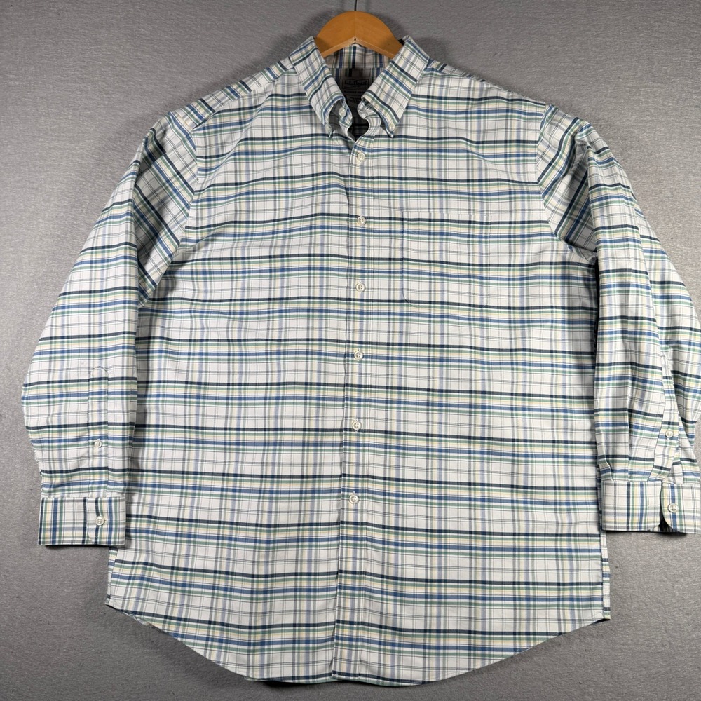 LL Bean Mens Plaid Button Down Shirt Slightly Fitted Blue Green 17-33 508374
